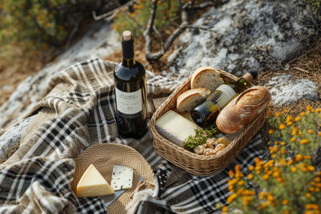 Wine, cheese and bread on a picnic blanket in the mountainsの素材