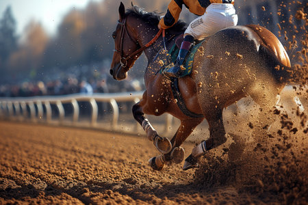 Race horse and jockey in action on the race track at sunsetの素材