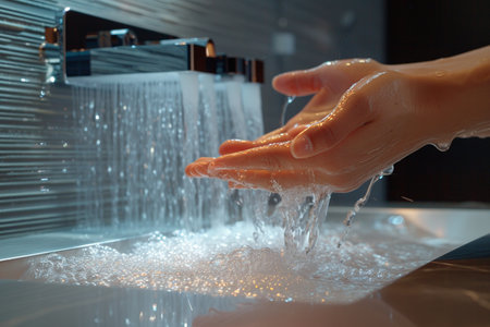 Woman washing her hands under running water in bathroom. Hygiene conceptの素材