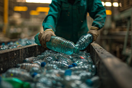 Plastic bottles on the conveyor belt in a factory. industrial backgroundの素材
