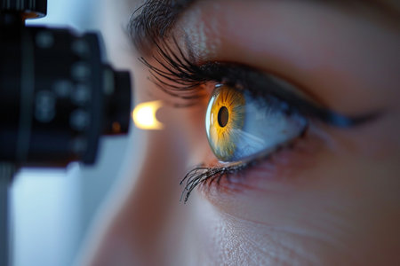 Close-up of woman's eye in ophthalmic laboratory.の素材