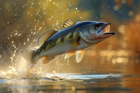 Perch caught on a spinning rod in the water with drops of water.の素材