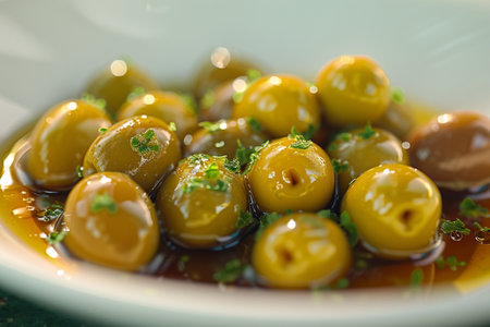 green olives with olive oil and parsley on a white plateの素材