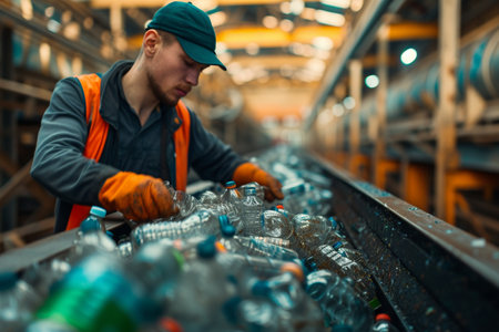 Recycling factory worker sorting plastic bottles in a factory. recycling conceptの素材