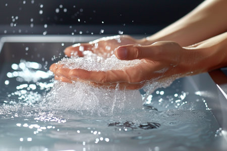Close-up of human hands with soap suds on kitchen tableの素材