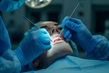 Dentist examining patient's teeth at dental clinic. Dentistry concept.の素材