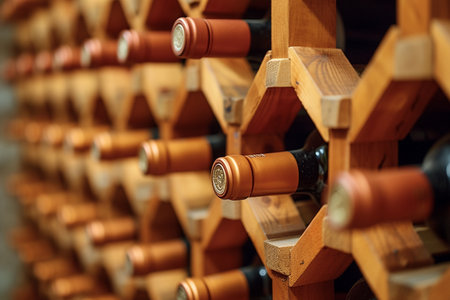 Wine bottles stacked in a row in a wine cellar, close-upの素材