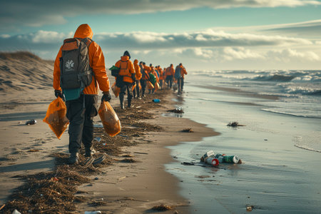 Group of volunteers collecting rubbish on the beach in winter. Selective focus.の素材