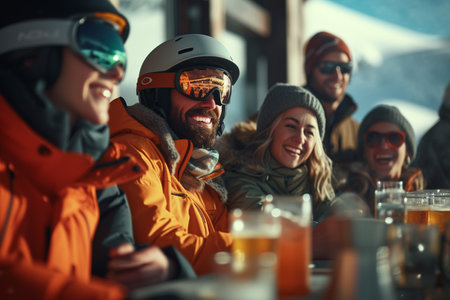 Group of friends having fun in winter cafe. Cheerful men and women drinking beer and talking.の素材