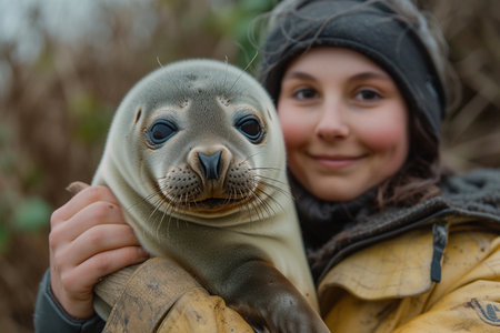 Portrait of a girl with a baby seal in her arms.の素材