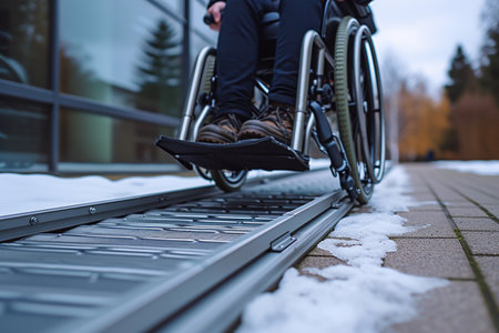 Close up of disabled person in a wheelchair on a walkway.の素材
