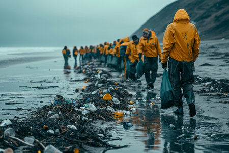 Volunteers collecting plastic waste on the beach. Environmental pollution.の素材