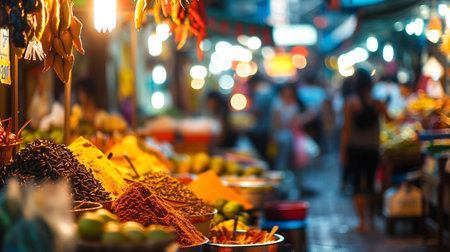Traditional spices on the street market in Bangkok, Thailand. blurred backgroundの素材