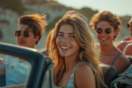 Portrait of happy young woman sitting in cabriolet with friendsの素材