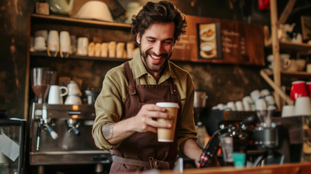 smiling barista holding paper cup of coffee at coffee shop counterの素材