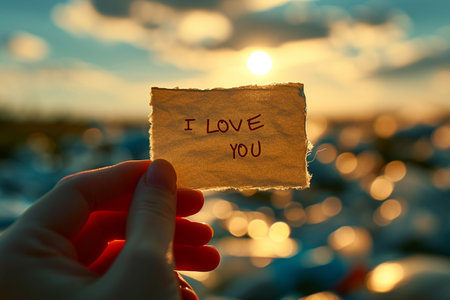 I love you message on paper card in hand with sunset background.の素材