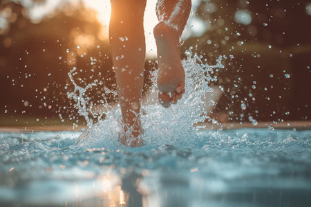 Close up of female legs splashing water in swimming pool at sunsetの素材