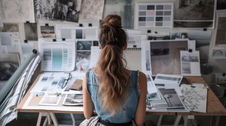 Fashion designer working on her designs in the studio, sitting at the deskの素材