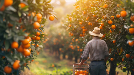 Rear view of an elderly man in a hat picking oranges in the orchardの素材
