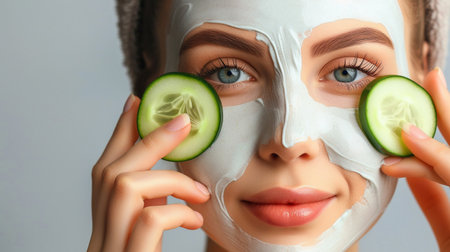 Beautiful young woman with cucumber facial mask on gray background, closeupの素材
