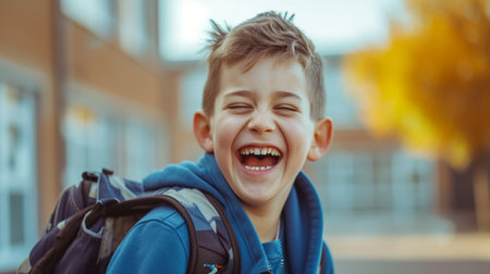 Portrait of a smiling schoolboy with a backpack on his backの素材