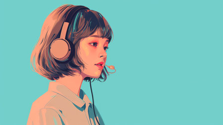 Young woman in headphones listening to music on a turquoise backgroundの素材