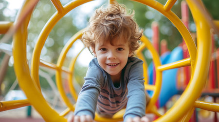 Cute little boy having fun on playground. Happy child having fun outdoors.の素材