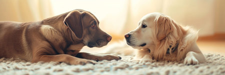 Cute couple of dogs lying on carpet and looking at each otherの素材