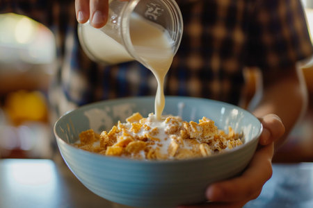 Woman pouring milk into bowl of cornflakes for breakfast, closeupの素材