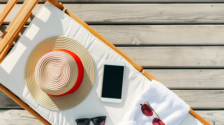 Straw hat, sunglasses and smartphonechair on wooden backgroundの素材