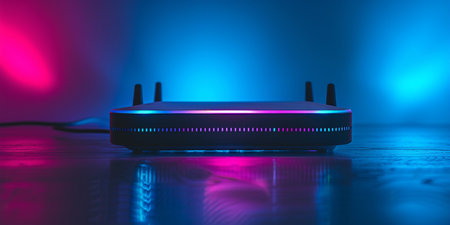 Wireless router with blue and pink neon light on a dark backgroundの素材