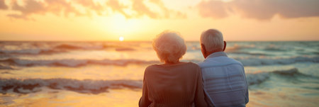 Elderly couple on the beach at sunset. Concept of friendly old people.の素材