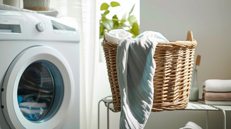 Laundry basket with clean towels and washing machine in laundry roomの素材