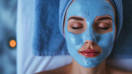 Beautiful young woman with blue clay facial mask at spa salon.の素材