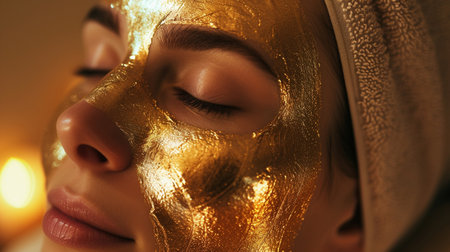 Beautiful young woman with gold mask on face in spa salon, closeupの素材