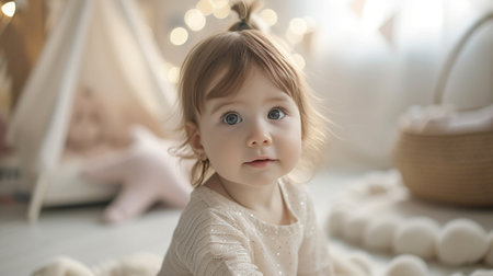 Portrait of a cute little girl with blue eyes in a white dressの素材