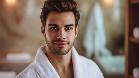 Portrait of handsome young man in bathrobe looking at camera and smilingの素材