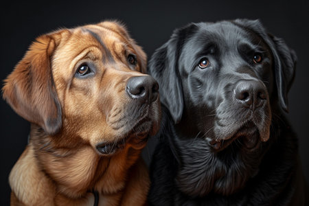 Close-up portrait of two cute dogs on a black background.の素材
