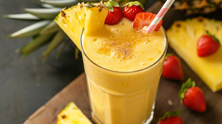 Pineapple smoothie with strawberries and pineapple on wooden background.の素材