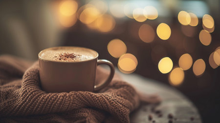 Cup of coffee with warm knitted scarf on wooden table.の素材