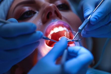 Dentist examining patient's teeth in dental clinic. Dentistry concept.の素材