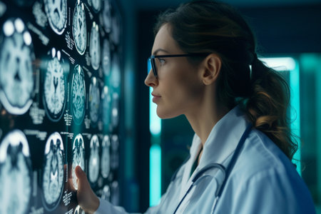 Serious female doctor looking at x-ray image in hospital. Young female doctor with stethoscope examining x-ray picture. Medicine and healthcare conceptの素材