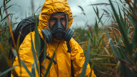 Man in a yellow raincoat and gas mask on the background of nature.の素材