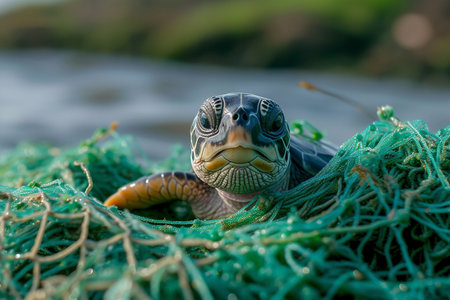 Close up of a baby Green Sea Turtle on a green fishing netの素材