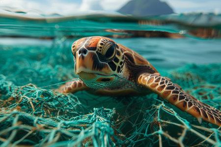 Green Sea Turtle Resting on a Fishing Net in the Atlantic Oceanの素材
