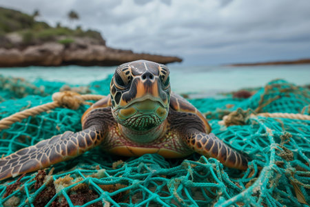 Hawaiian Green Sea Turtle (Chelonia mydas) on a fishing netの素材