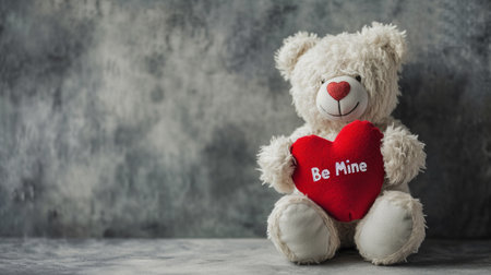 Teddy bear with red heart on gray background, Valentines day conceptの素材
