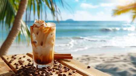 Iced coffee with cream on the beach with palm tree and sea backgroundの素材