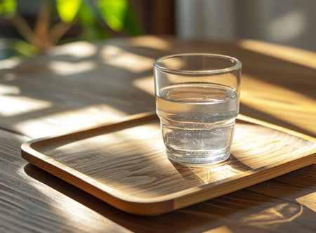 Glass of water on a wooden tray on a table in sunlight.の素材