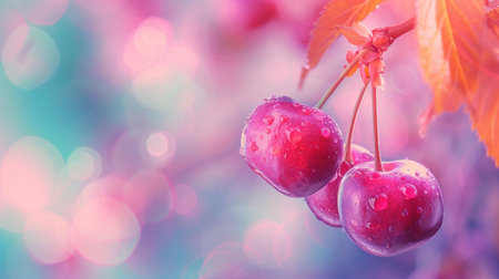 Cherries on a branch with water drops on a blurred backgroundの素材
